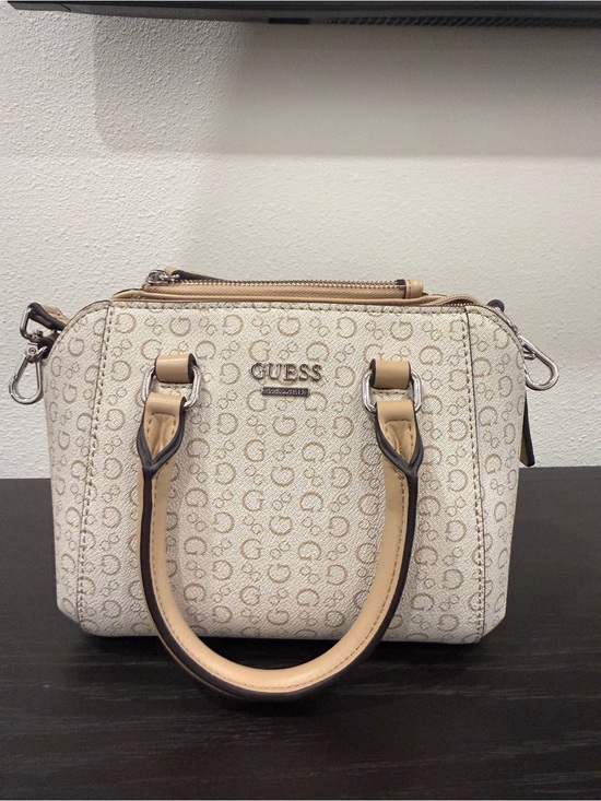Guess Handbags - GUESS Beige Monogram Small Satchel with Tan Handles